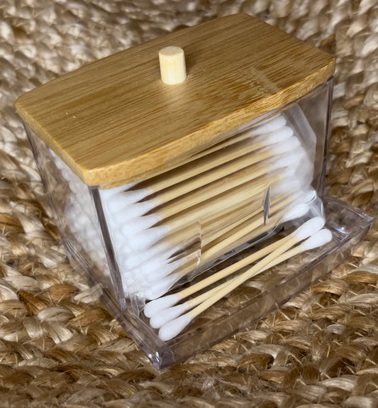 Cotton Swab Holder 7oz, Qtip Dispenser, Bathroom Container with Wood Lid. Free 40 Pack Double Tipped Chlorine Free Cotton Swabs